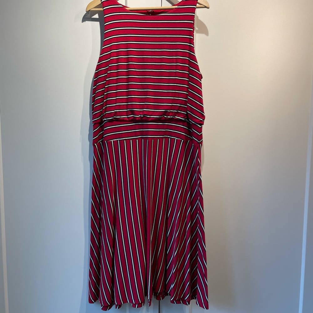 LOFT-Large Sleeveless red Striped Dress